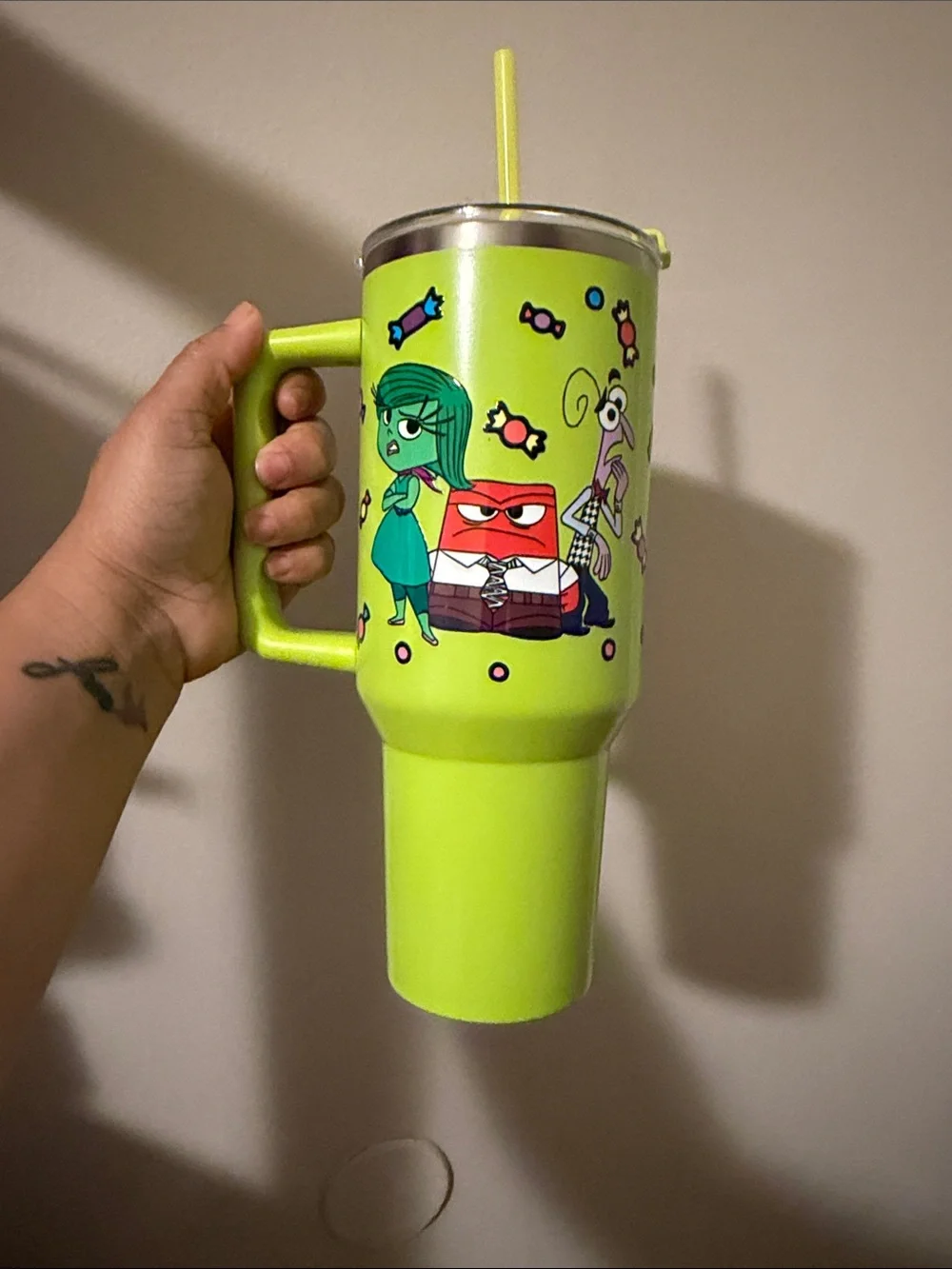 Neon Green Cartoon Stainless Steel Travel Tumbler with Handle and Straw